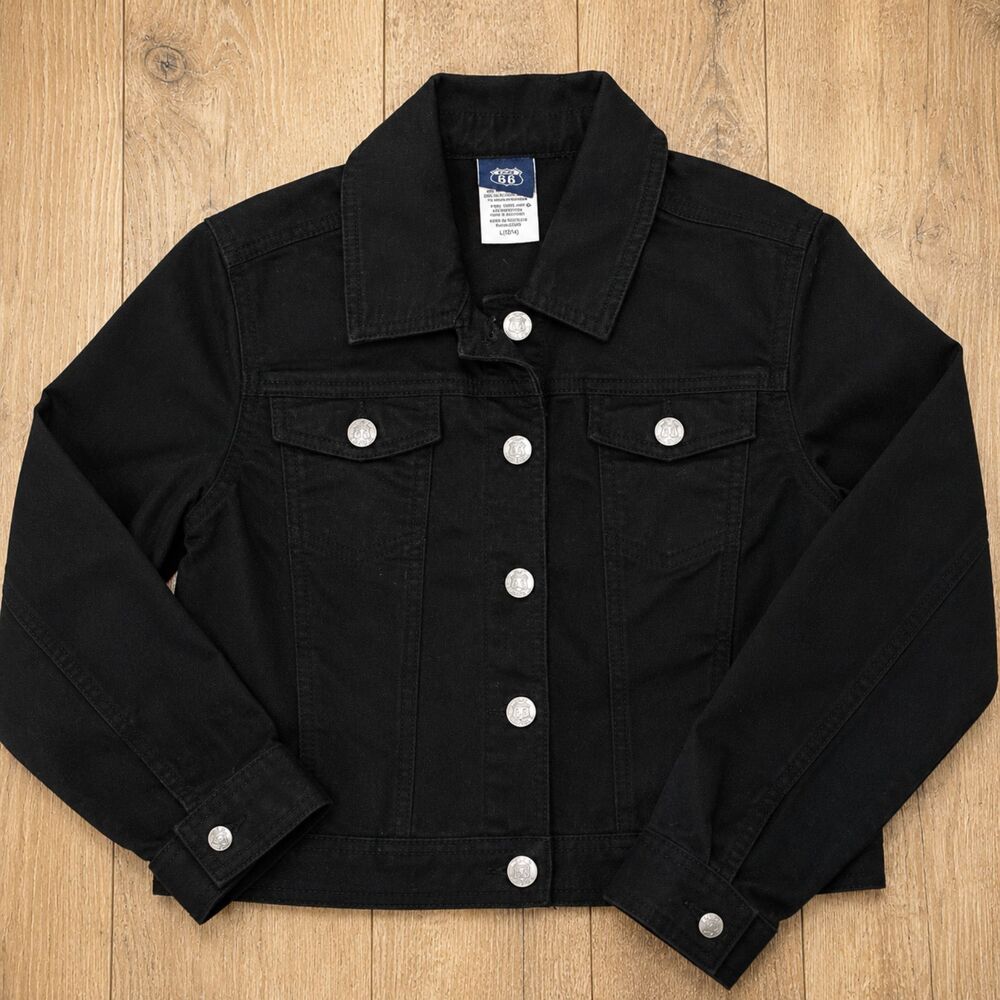 Route 66 Girls Black Cropped Trucker Denim Jacket Size L 10/12 Stretch